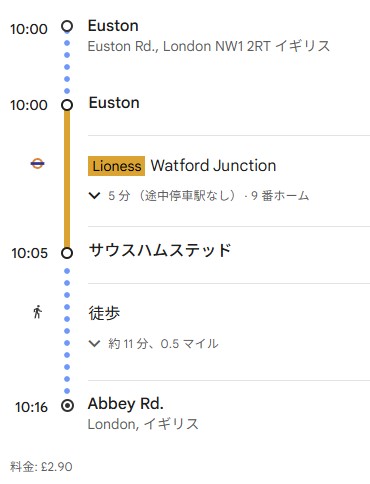 Euston（ユーストン）駅からLioness line（ライオネス線）でSouth Hampstead station（サウスハムステッド）駅へグーグルマップの経路案内