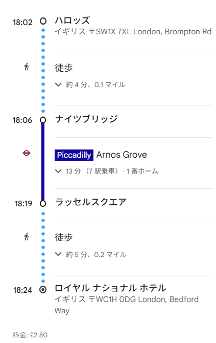 ピカデリー線でナイツブリッジからラッセルスクエアまでの案内