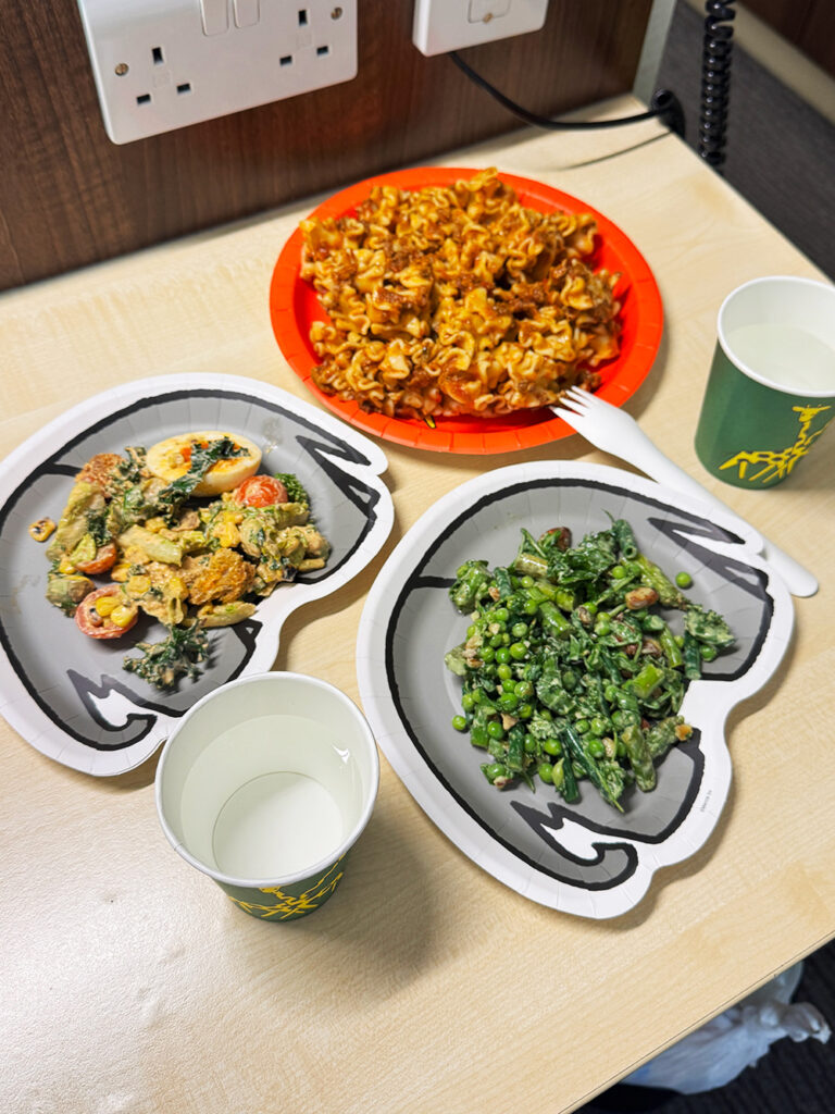 テイクアウトしたデリをホテルの部屋で紙皿に盛り付けた様子