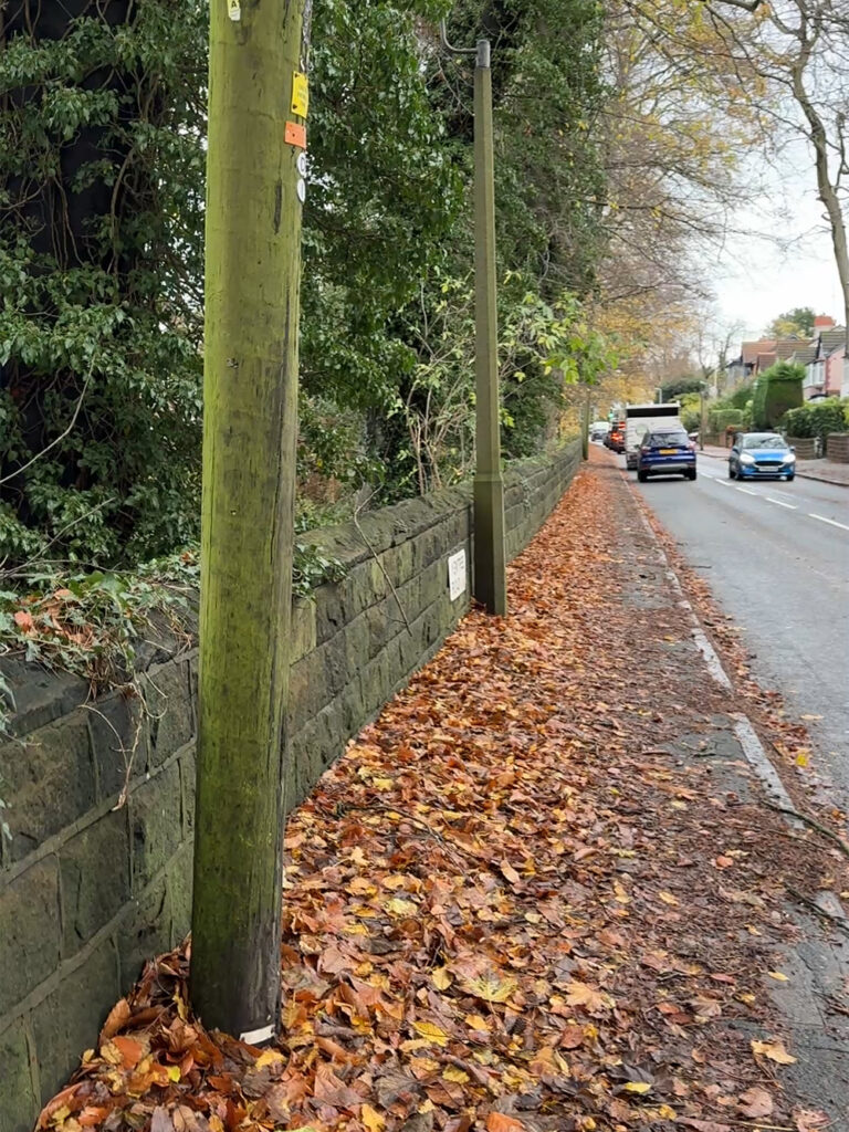 ポール・マッカートニーの家からストロベリー・フィールドへ向かう道に落ち葉が広がる秋の風景