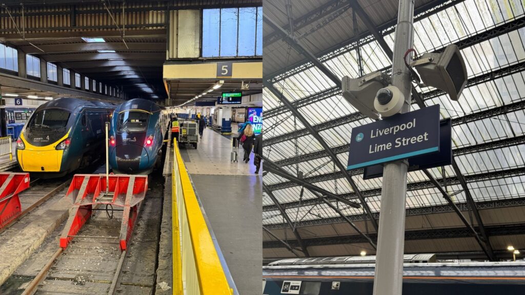 ロンドン・ユーストン駅に停車するAvanti West Coastの列車と、リバプール・ライム・ストリート駅の駅名標