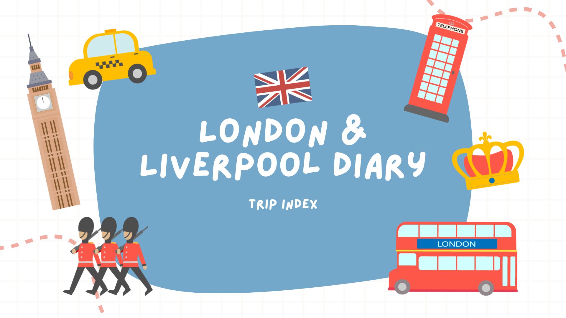 ロンドンとリバプールの旅をまとめたTRIP INDEXのアイキャッチ画像。二階建てバスや衛兵などのイギリスらしいイラストが並ぶ